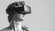 © BLHDNG - A classical statue wearing a modern virtual reality headset, blending ancient art with futuristic technology.