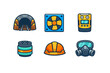 © icon_art - A set of six stylized mining and industrial safety icons featuring a mine tunnel, ventilation fan, gas detector, filter canister, orange hard hat, and a protective gas mask on a black background.