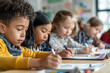 © Colombe Delons - Groupe d’enfants d’origines diverses en salle de classe, apprentissage collaboratif, inclusion scolaire et éducation interculturelle en école primaire