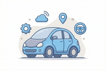  Digital car illustration representing smart transportation systems with gear icons location markers and cloud technology signifying the future of mobility innovation