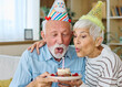 © Lumos sp - Senior couple celebreting birthday blowing cake candle and blowing a horn decoration making noise having fun
