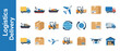 © Saqib GFX - Professional logistics and delivery icon collection featuring cargo ships, freight trucks, airplanes, forklifts, cardboard boxes, global shipping globes, a drone, and a warehouse for supply chain.