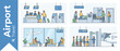 © Saqib GFX - Comprehensive airport travel illustration set featuring check-in counter, security checkpoint, waiting lounge with airplane view, and boarding gate with passengers, staff, and flight crew.