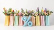 © Alchemy - Spring sale concept with pastel shopping bags filled with colorful flowers and large percent symbol, bright retail discount banner isolated on white background