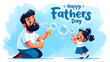 © creativestore - A happy cartoon father and his daughter blow bubbles together, celebrating 'Happy Fathers Day' against a soft blue background.