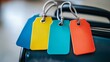 © Jafree - Colorful luggage tags hanging on black suitcase for travel and vacation concept of organization, identification, leisure adventure