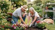 © MUGISHA - Happy senior couple gardening together planting flowers in backyard. Active retirement lifestyle. Husband and wife working outdoors. Shared hobby with dog. Spring garden care nature.
