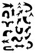 © Monika Jurczyk - Black chunky arrow icon set featuring bold directional arrows pointing up, down, left, right, curved, diagonal. Vector navigation symbols for UI design, signage, infographics, graphic elements. PNG