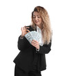 © New Africa - Happy businesswoman with money on white background