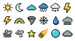 © David - Set of pixel art weather icons featuring sun, moon, cloud, rain, snow, lightning, and tornado in a retro 8-bit video game style for digital design and interface elements