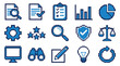 © David - Blue pixel art icon set with various business and technology symbols like charts, documents, and a gear, designed in a retro 8-bit video game aesthetic