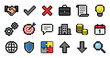 © David - Set of business pixel art icons for finance, strategy, and communication concepts, featuring a handshake, target, globe, and puzzle in a retro 8-bit video game style