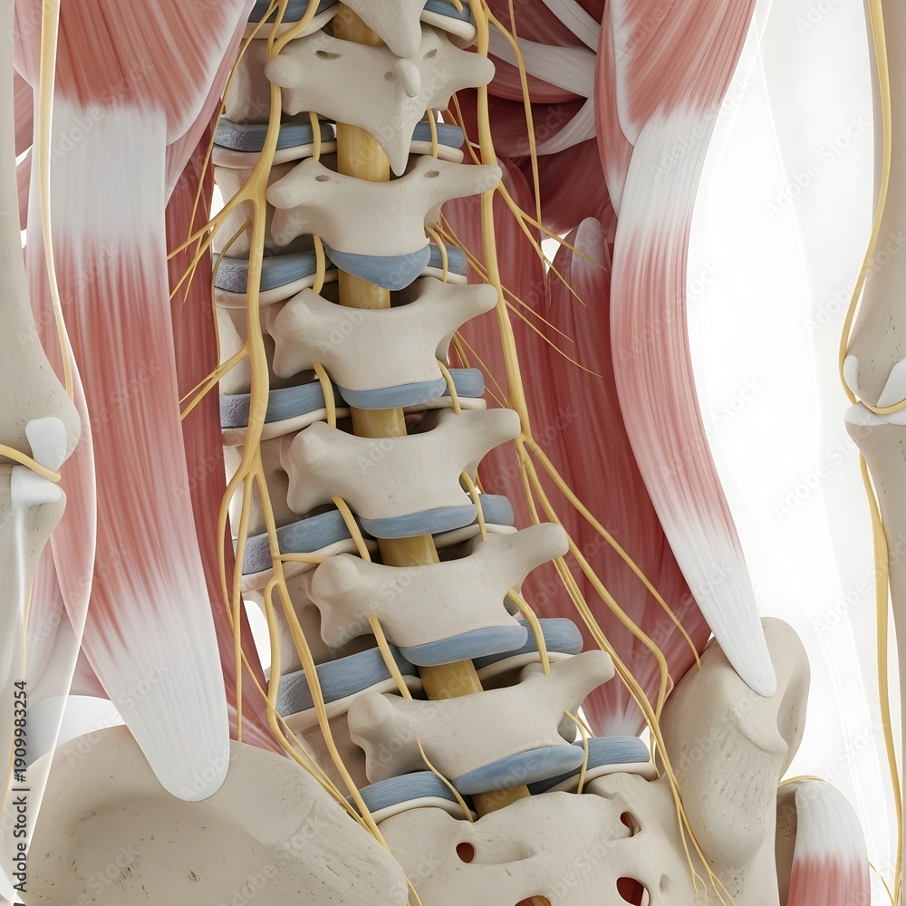 Detailed 3D anatomical rendering of the human lumbar spine ...