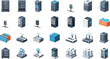 © MdMostafijur - Data center and server infrastructure isometric icon set with hosting, cloud storage, network hardware and database technology vector illustration