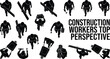 © MstRuna - Construction worker silhouette set showing people from top view perspective carrying tools and materials, black figures isolated on white background for industry, labor, and design concepts