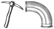 © Rysak - Hand drawn pickaxe tool and curved pipe, mining equipment, industrial sketch, black and white art, technical drawing, construction tools, engineering illustration.