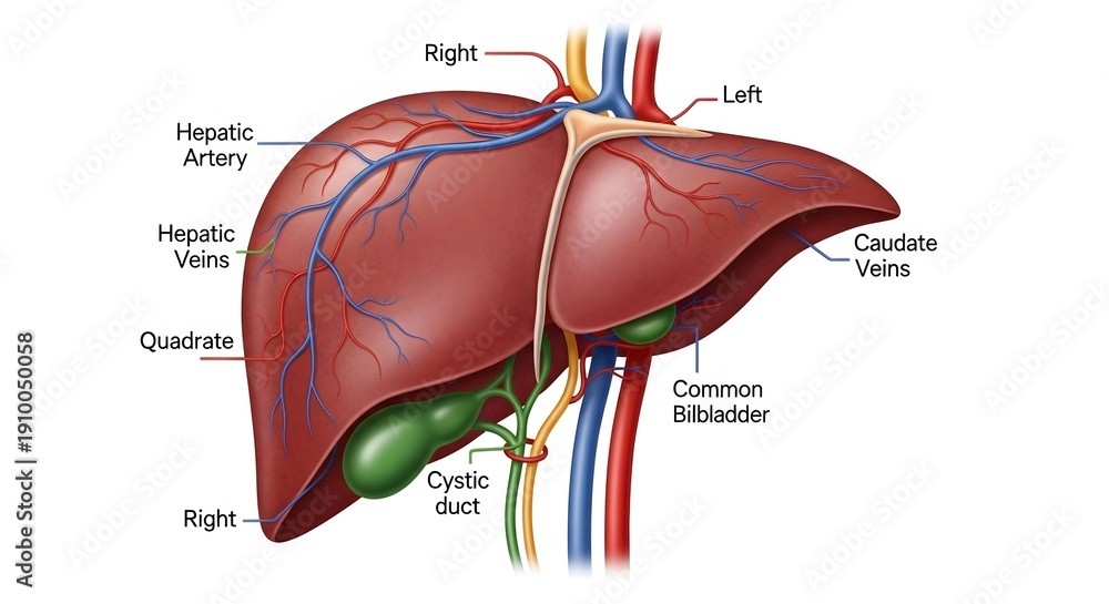 Comprehensive anatomical diagram of the human liver, illustrating its ...
