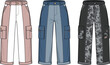 © MdAnarulIslam - Technical vector set of two-tone paneled cargo trousers in pink denim and camo for fashion tech packs