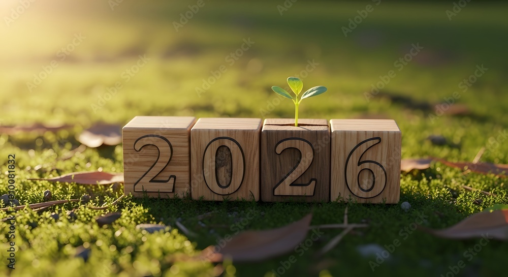 Wooden cubes with year 2026 and green seedling growing on nature ...