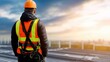 © chusnul - Back view of a construction worker in neon safety vest and orange helmet overlooking a sunlit urban, site now