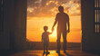 © Nashihal - Silhouette of father and child holding hands near doorway at dusk, warm orange sky outside, peaceful evening atmosphere, natural backlight, emotional storytelling, minimal composition, copy space, hig