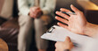 © peopleimages.com - Therapist, patient or hands with notes in office, mental health support or assessment for counseling. Psychology, consultation or person with advice for client, explain coping mechanism or clipboard