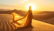 © ilma - Woman in flowing dress stands in desert at sunset.
