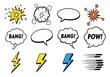 © Kelana - Comic book style illustration of explosive speech bubbles and dynamic energy effects against a white background