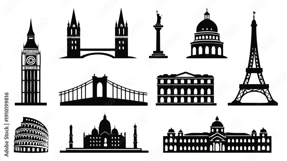 World Famous Landmarks Silhouette Collection – Black and White Travel ...