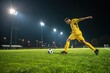 © Евгений Порохин - A soccer player in a yellow jersey kicks a soccer ball on a field