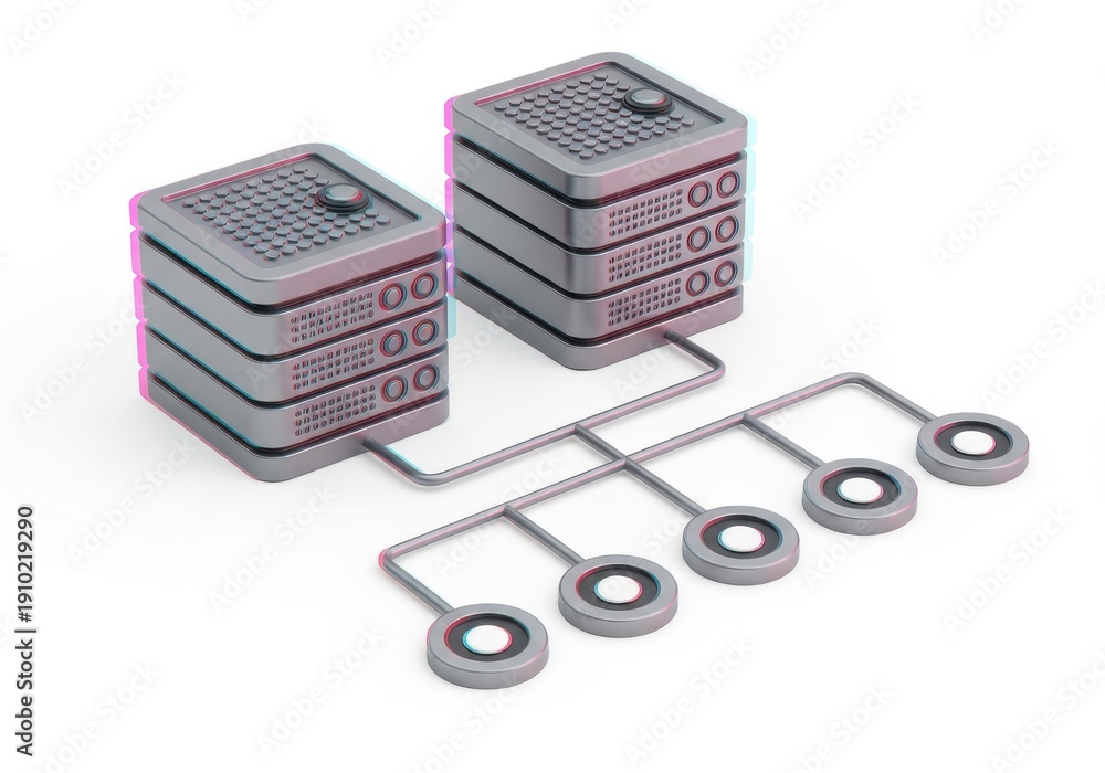 Two stacks of computer hardware units connect to multiple circular data ...