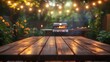 © btiger - warm inviting backyard evening with glossy wooden table, glowing string lights overhead, flaming grill, yellow flowers and leafy garden creating a cozy alfresco atmosphere