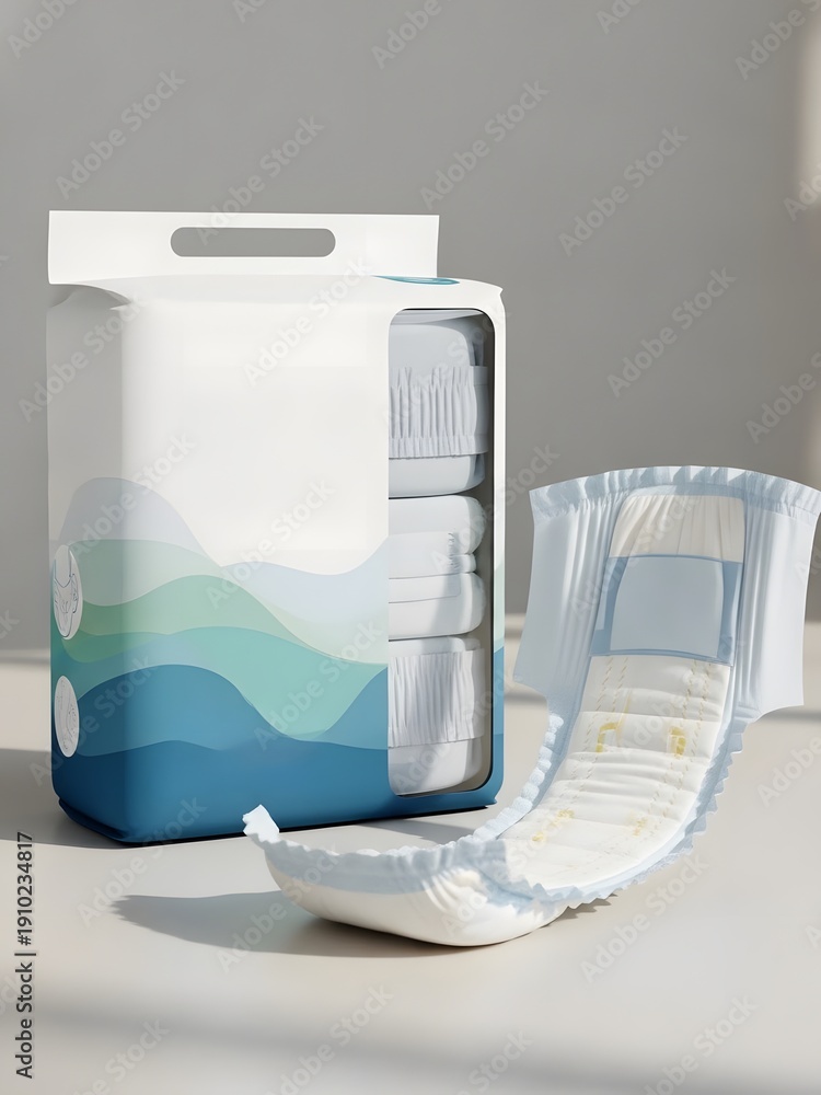 Adult Diaper Incontinence Briefs Mockup with Packaging Box and Wave ...
