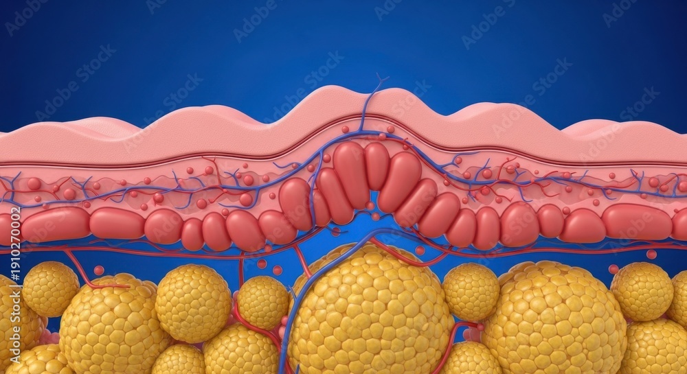 Anatomical illustration of human skin layers and subcutaneous fat の ...