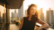 © Sinechana - 43.Confident wealthy woman relaxing on modern apartment balcony, city skyscrapers glowing during sunset, calm and reflective mood, luxury urban living concept, shallow depth of field, high resolution