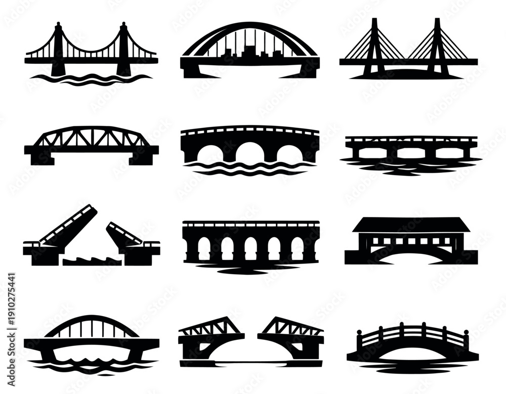 Structural Bridge Design Icon Graphic icon bridge set featuring various architectural styles of ...