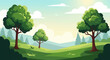 © mehdik - cartoon summer landscape with bright green nature clear sky warm sunlight simple shapes calm mood wide view