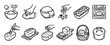 © Happy Carrot - Comprehensive collection of hand-drawn baking process icons illustrating various steps from mixing ingredients and kneading dough to baking fresh bread and decorating pastries