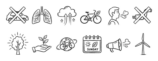 Naklejka na meble Collection of hand-drawn environmental protection icons, illustrating concepts like clean air, renewable energy, sustainable transport, and nature conservation with a positive, eco-friendly mood