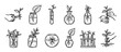 © Happy Carrot - Hand-drawn plant propagation icon set showing various methods for rooting cuttings in water, including jars, vases, and test tubes, illustrating growth and horticulture concepts