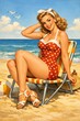 © Bonya Sharp Claw - Classic pinup in a red polka dot swimsuit relaxes on a beach chair beside gentle waves, perfect for ads about vacations, seaside leisure, and retro summer style.