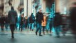 © Yanka - Blurred shopping crowd with holographic meters, shoppers navigate evening boulevard past neon boutiques while holograms display personal health stats and promotional offers, augmented reality overlays