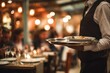 © Vlad - Restaurant server carrying a tray with plates and glasses in a lively dining room