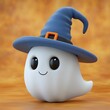 © Milana - adorable smiling white ghost with big glossy eyes wearing a blue witch hat with orange buckle on a warm orange background