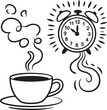 © nuralom - Morning coffee break with a steaming cup and an alarm clock under the sun Vector, illustration