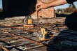© standret - On metal rods. Close up view of man's hand that is using leveling tool on the floor, construction site