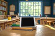 © lucky - tablet resting on a stack of colorful textbooks on a wooden classroom desk bathed in warm sunlight, calm studious atmosphere