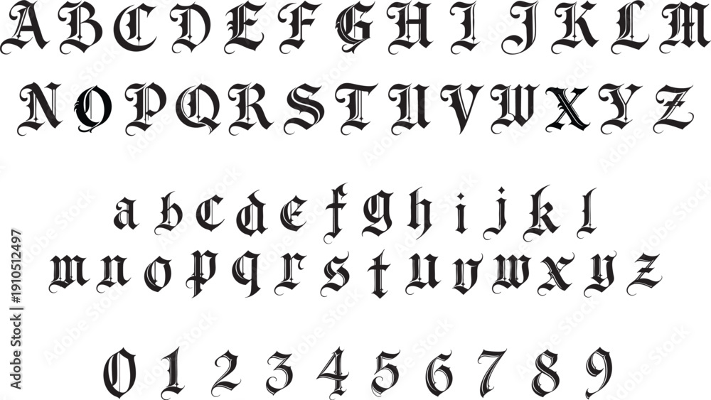 Bold gothic blackletter alphabet letters Old English style font with ...