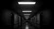 © sumi - Eerie long dark empty hallway with fluorescent lights. Spooky, mysterious, and desolate institutional corridor in black and white.