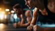 © Denis Yevtekhov - People doing push-up training in gym, group fitness exercise, bodyweight workout class, strength training together, athletic community activity, defocused equipment background, faceless